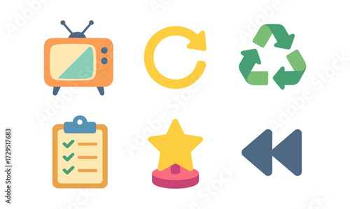 Retro tv, recycling, and more: simple flat icon set for everyday use