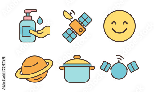 Playful icon set featuring kitchen, space, and emoji elements