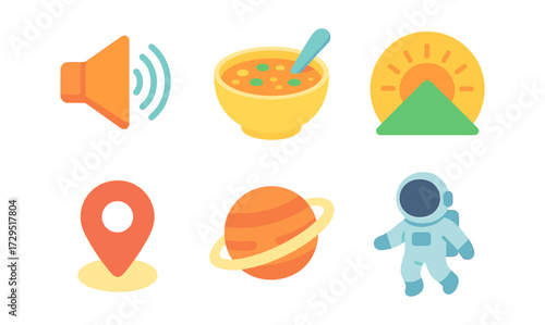 Flat design icons: sound, soup, sunrise, location, planet, astronaut