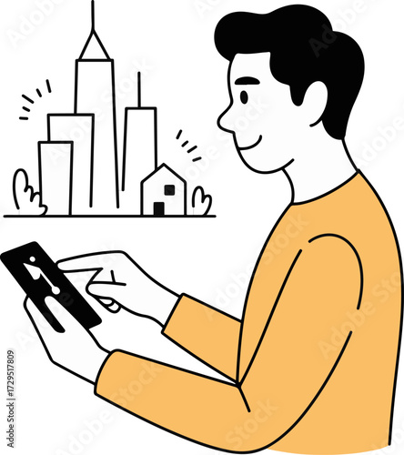 Vector art of a man is using a phone to look at a city map, the man is wearing a yellow shirt the city map shows the location of buildings and streets he is smiling