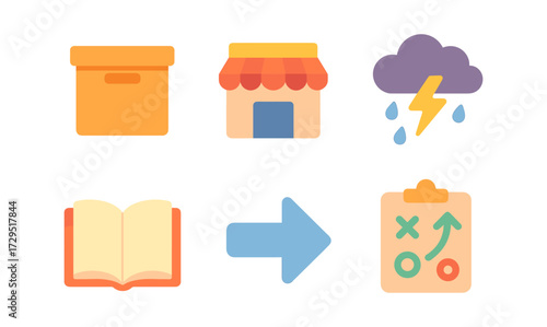 Colorful flat icons of box, store, cloud, book, arrow, and strategy