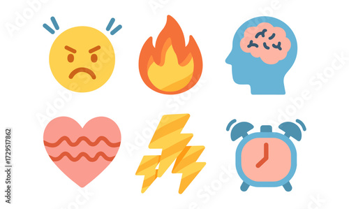 Colorful emoji icons: emotions, fire, brain, heart, lightning, alarm clock
