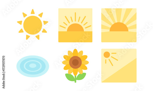 Flat design sun and nature icons set with sunflower and sunrise elements