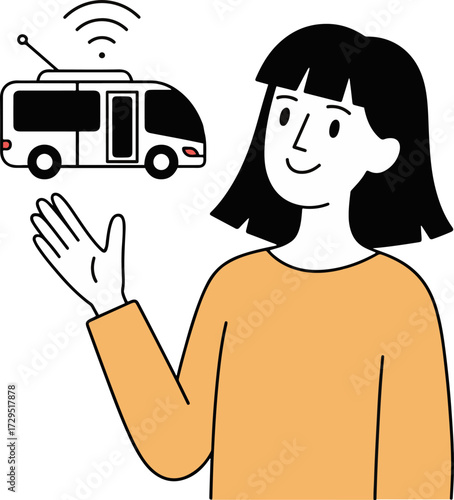 Vector art of a smiling woman is presenting an autonomous vehicle, the vehicle is a van with a wifi antenna on top the woman is wearing a yellow shirt and has black hair