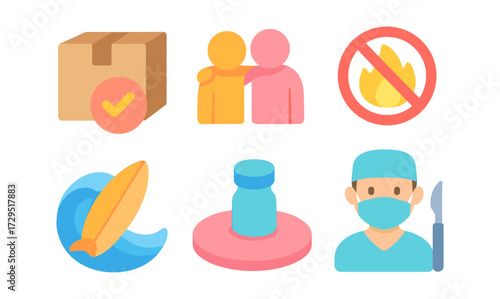 Colorful flat icons set featuring delivery, friendship, surfing, and healthcare themes