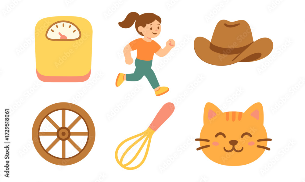 Fototapeta premium Playful cartoon elements: running girl, kitchen tools, and cat face in simple style