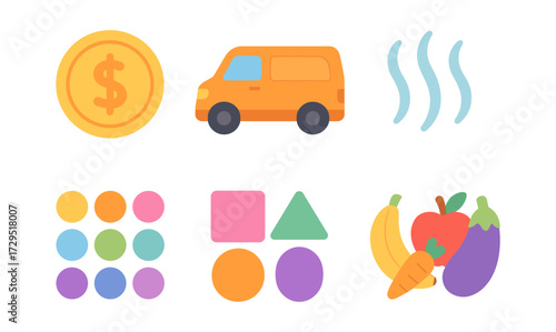 Colorful icons of money, vehicle, heat, fruits, shapes, and color palette in flat design