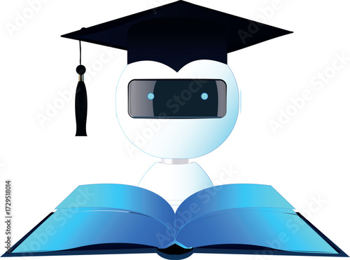 Artificial Intelligence Agent with an academic cap and open book, a concept of learning, digital education, and technological knowledge. Technological scheme for educational innovation. Student