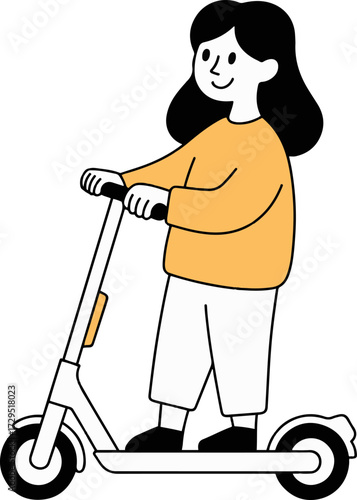 Vector art of a cheerful young woman with black hair is depicted riding a sleek electric scooter, her expression conveying a sense of enjoyment and freedom as she navigates the urban landscape
