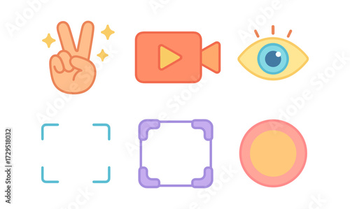 Colorful flat icons: peace, video, eye, frame, and circle design elements