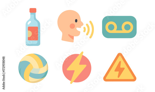 Flat style icons of bottle, communication, voicemail, volleyball, energy, and warning sign