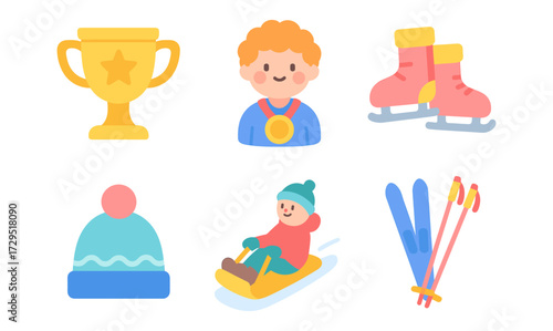 Winter sports icons: trophy, skates, sledding, ski gear, medal, winter hat