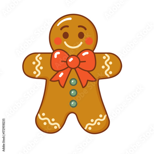 Cute gingerbread man with a bright red bow and decorative icing. Vector Christmas image for festive design: postcards, posters, packaging, children's products, websites, and advertising.