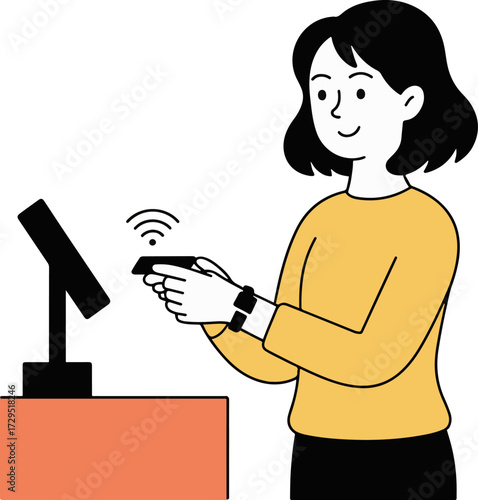 Vector art of a woman with short black hair uses her smartwatch for a contactless payment at a point of sale terminal, depicted in a simple line drawing