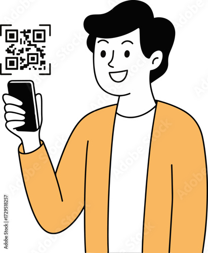 Vector art of a man scans a qr code with his smartphone, he is wearing a yellow cardigan and smiling the qr code is floating in the air the man is holding the phone in his right hand