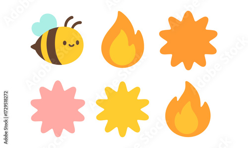 Cute cartoon bee with simple flame and flower shapes: bright and playful design elements