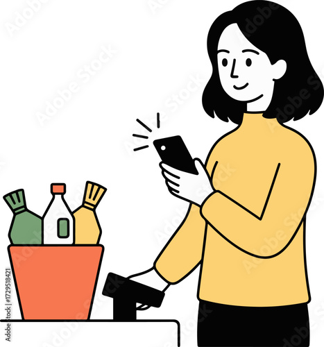 Vector art of a woman is scanning groceries with her smartphone, she is wearing a yellow sweater and has short black hair the groceries are in a red basket
