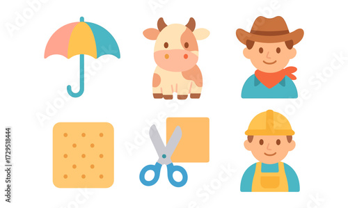 Colorful cartoon icons of farm life and tools with umbrella and biscuit