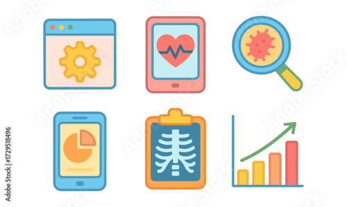Set of technology icons: healthcare, data analysis, and growth trends in flat style