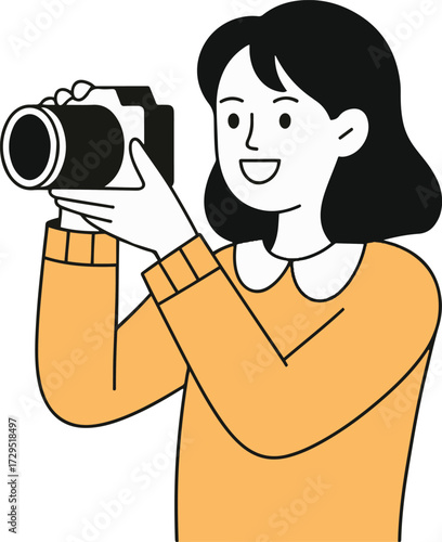 Vector art of a cheerful woman with short black hair is holding a camera and taking a picture, she is wearing a yellow sweater and smiling, this is a simple vector illustration