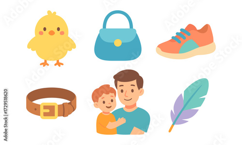 Adorable chick, fashion accessories, and father-son bond in cute cartoon style