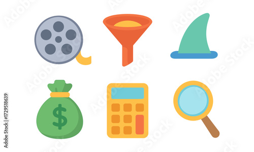 Colorful flat style icons set: movie reel, funnel, shark fin, money bag, calculator, magnifying glass