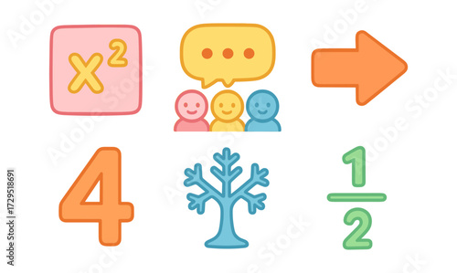 Colorful educational icons for learning and communication in a modern setting