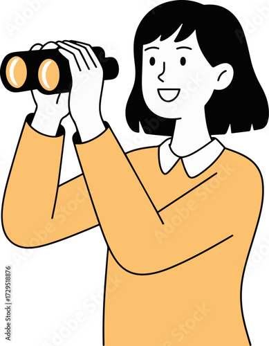 Vector art of a woman with black hair and a yellow sweater is looking through binoculars, she is smiling and searching for something interesting in the distance with curiosity and excitement