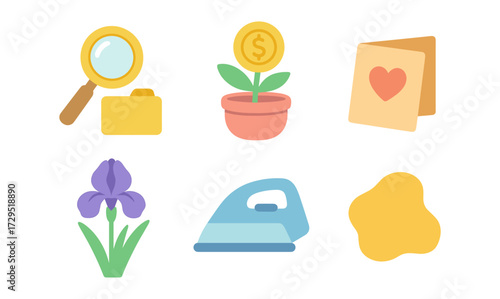 Colorful flat icons: magnifying glass, money plant, heart card, iris, iron, abstract shape