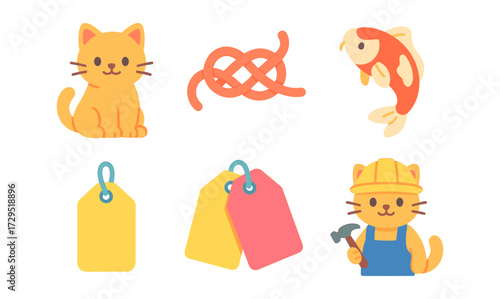 Cute flat design cats, tags, knots, and koi fish icons