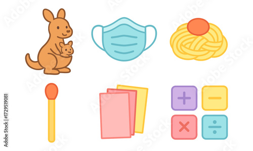 Cute set of flat icons featuring kangaroo, mask, noodles, match, papers, calculator