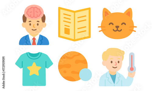 Flat icons of brain, booklet, cat, star shirt, planet, and scientist with thermometer