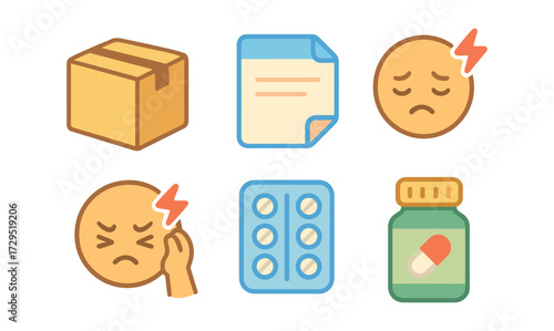 Flat style headache and medication icons set for health awareness