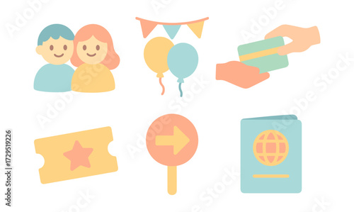 Pastel travel icons: journey essentials with balloons, tickets, and passport in flat style