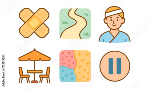 Charming flat style icons featuring medical, outdoor, and leisure themes