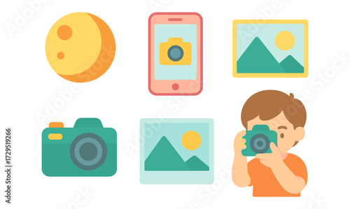 Photography icons in flat design featuring cameras, moon, and smartphone