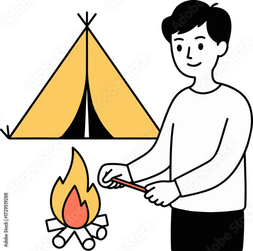 Illustration of a young man lighting a campfire near a tent, he is enjoying camping and the outdoors, representing adventure, relaxation, and connection with nature