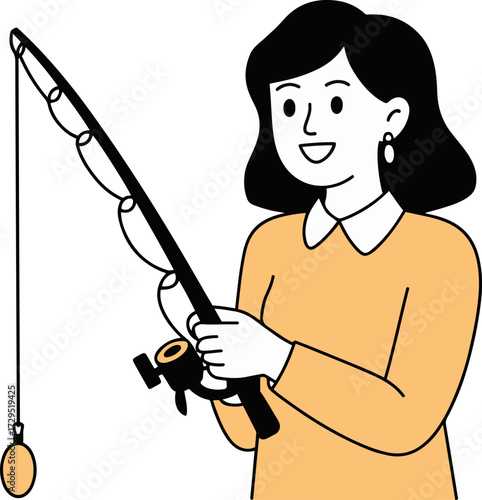 Vector art of a smiling woman in a yellow sweater holds a fishing rod, ready to catch a fish, the simple line drawing captures the anticipation of a successful fishing trip