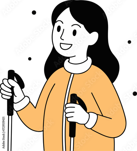 Vector art of a smiling woman in a yellow jacket holds ski poles, ready for an adventure, the simple line drawing captures the excitement of outdoor activity and winter sport