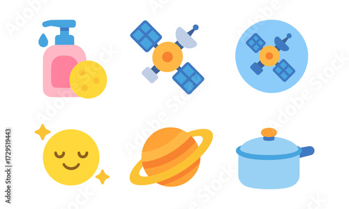 Flat style icons of satellite, solar system, soap dispenser, and cooking pot