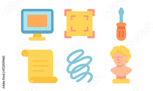 Set of flat design icons: screen, tools, document, spiral, sculpture