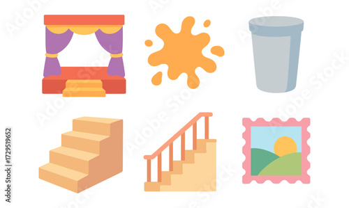 Colorful theater icons: curtains, stairs, paint, frame, trash can symbols