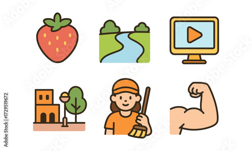 Colorful icon set: strawberry, nature, technology, architecture, work, strength