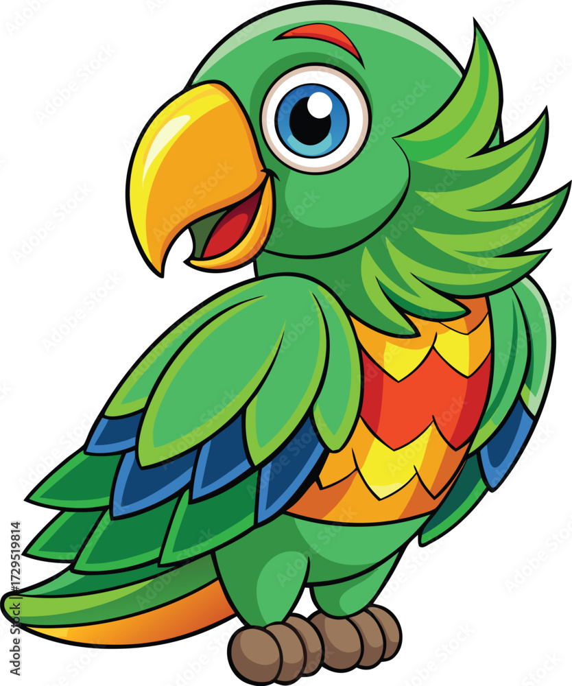Fototapeta premium Cute cartoon green parrot with colorful chest feathers