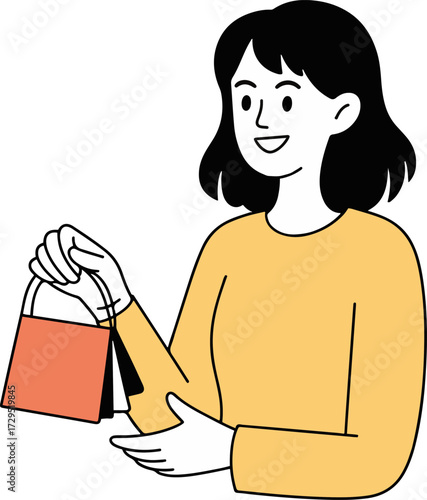 Vector art of a cheerful woman with short black hair is depicted in a simple, outlined illustration, holding a small orange shopping bag in one hand and gesturing with the other