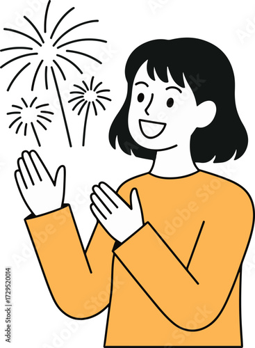 Vector art of a delighted woman is clapping her hands while watching vibrant fireworks, expressing excitement and awe at the spectacular display
