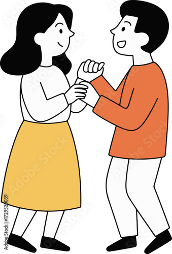Illustration of a young couple dancing together, the woman is wearing a white shirt and yellow skirt, while the man is wearing an orange shirt and white pants they are holding hands and smiling