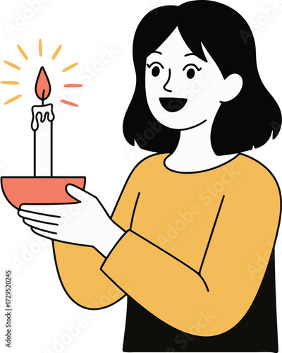 Vector art of a serene young woman is holding a lit candle, this peaceful illustration captures the essence of tranquility, hope, and remembrance, evoking a sense of calm and reflection in a simple ye