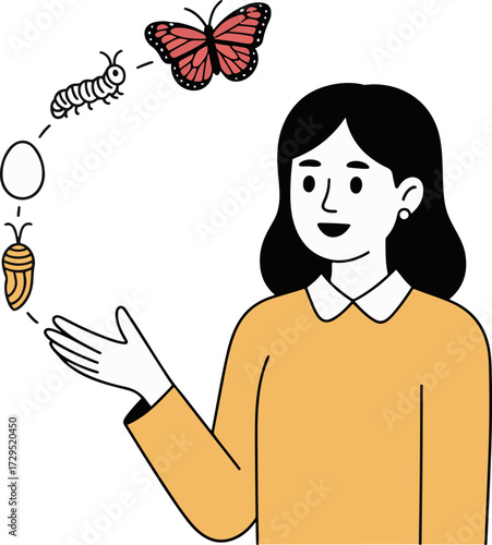 Illustration of a woman presenting the life cycle of a butterfly, the stages include egg, larva, pupa, and adult butterfly, showcasing metamorphosis and growth in nature