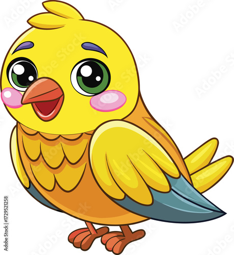 Cute cartoon yellow bird with big eyes and pink cheeks
